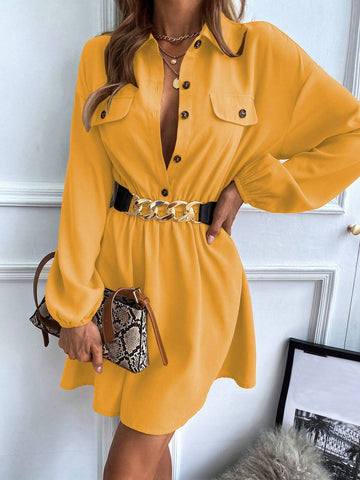 1pc Solid Color Front Button Closure Casual Long Sleeve Dress
