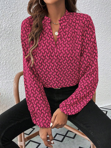 Frenchy 1pc Women Allover Print Long Sleeve Casual Blouse, Random Floral/Graphic Print