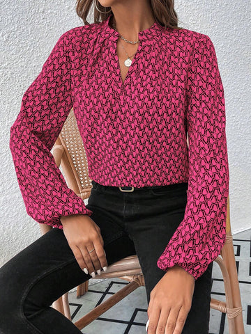 Frenchy 1pc Women Allover Print Long Sleeve Casual Blouse, Random Floral/Graphic Print