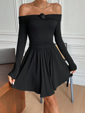 1pc Women Asymmetric Waistline Off-Shoulder 3D Floral Printed Dress