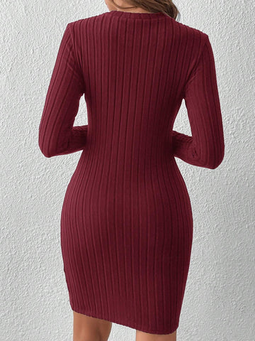 1pc Women Elegant Button Accent Bodycon Long Sleeve Dress, Autumn