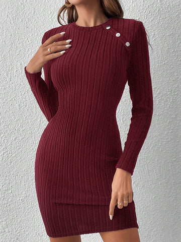 1pc Women Elegant Button Accent Bodycon Long Sleeve Dress, Autumn
