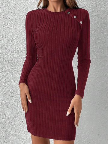 1pc Women Elegant Button Accent Bodycon Long Sleeve Dress, Autumn