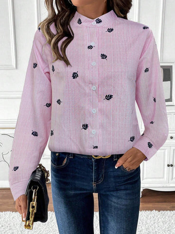 Frenchy 1pc Women Front Button Long Sleeve Embroidered Minimalist Casual Shirt