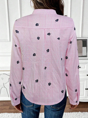 Frenchy 1pc Women Front Button Long Sleeve Embroidered Minimalist Casual Shirt