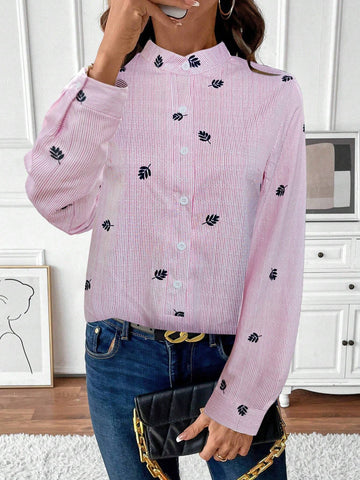 Frenchy 1pc Women Front Button Long Sleeve Embroidered Minimalist Casual Shirt