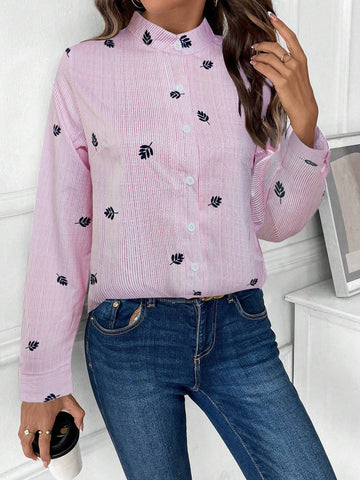 Frenchy 1pc Women Front Button Long Sleeve Embroidered Minimalist Casual Shirt