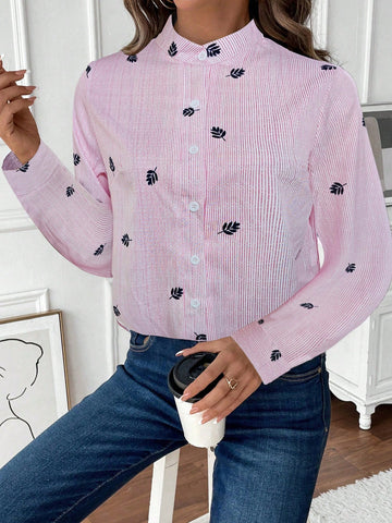 Frenchy 1pc Women Front Button Long Sleeve Embroidered Minimalist Casual Shirt