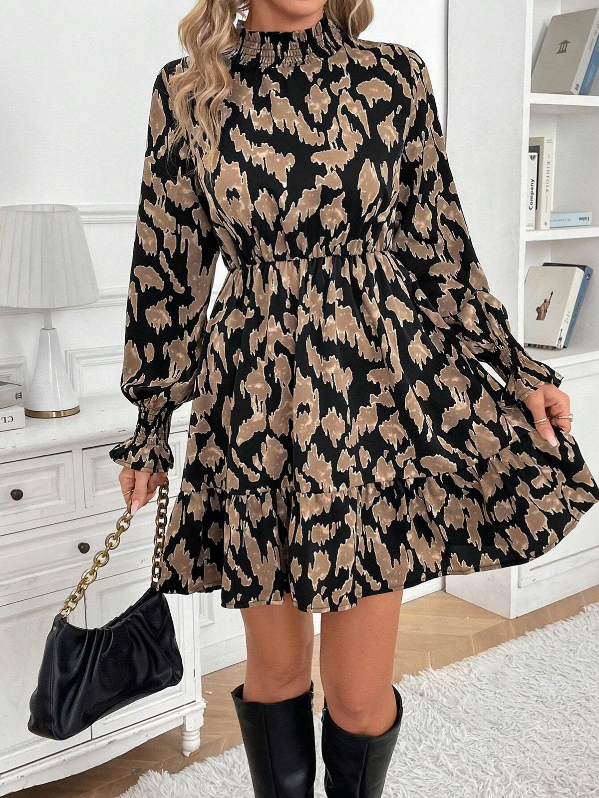 1pc Women Leopard Print Stand Collar Long Sleeve Fashion Mini Dress, Autumn