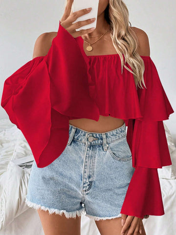 Frenchy 1pc Women's Off Shoulder Ruffled Collar Long Sleeve Blouse