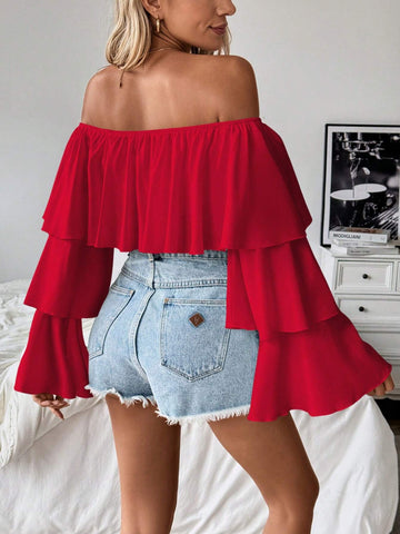 Frenchy 1pc Women's Off Shoulder Ruffled Collar Long Sleeve Blouse