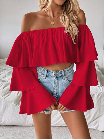 Frenchy 1pc Women's Off Shoulder Ruffled Collar Long Sleeve Blouse