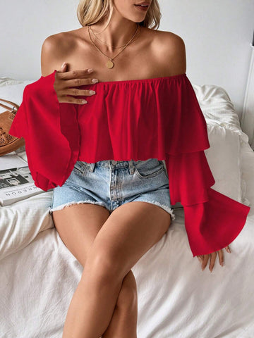 Frenchy 1pc Women's Off Shoulder Ruffled Collar Long Sleeve Blouse