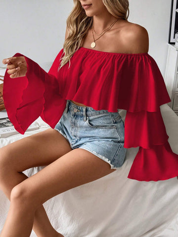 Frenchy 1pc Women's Off Shoulder Ruffled Collar Long Sleeve Blouse