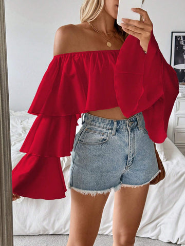 Frenchy 1pc Women's Off Shoulder Ruffled Collar Long Sleeve Blouse