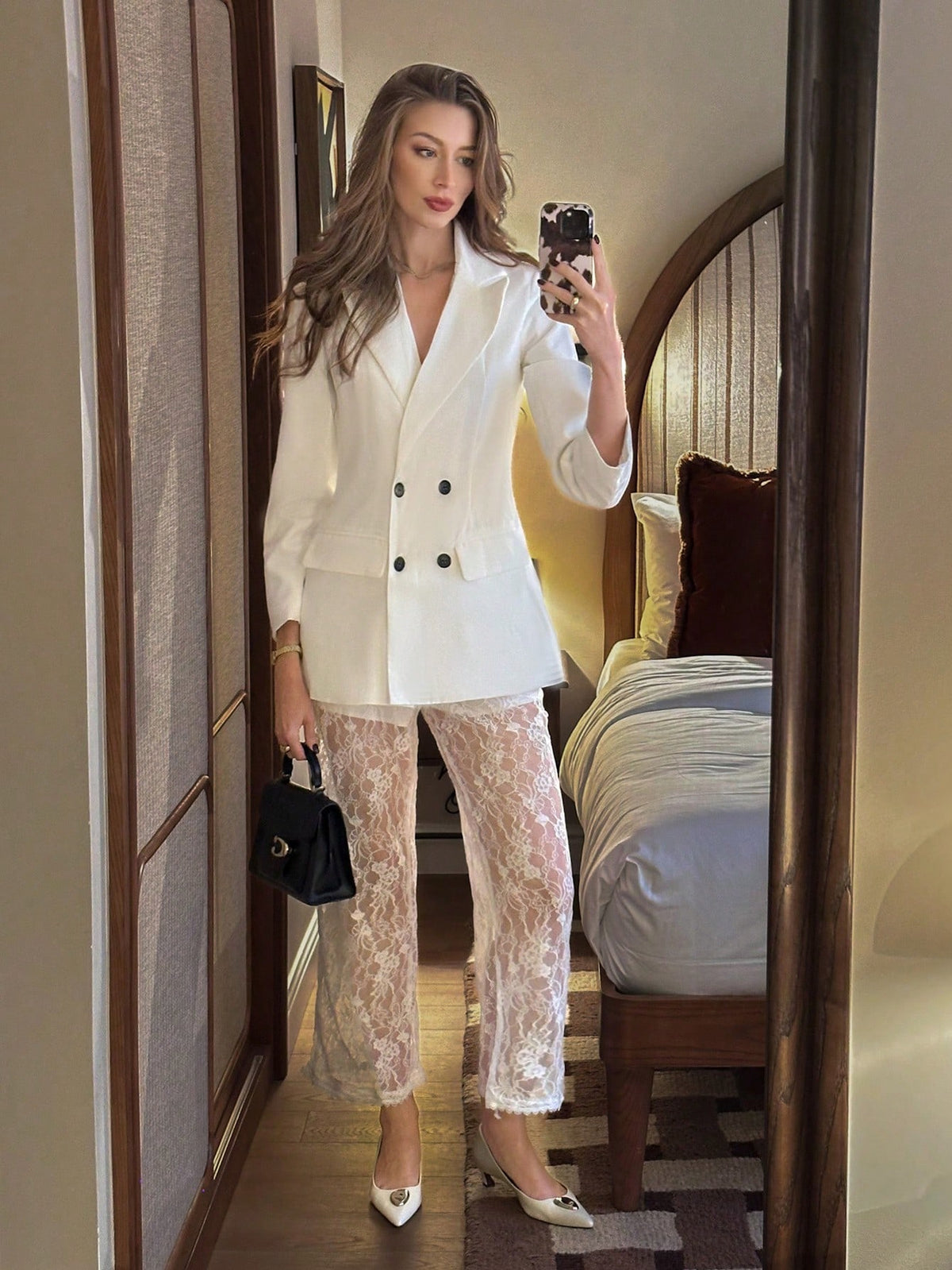 2-Piece Women Business Casual Sexy Suit Set, Blazer And Lace Decor, Mature Style