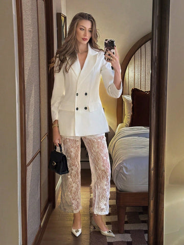 2-Piece Women Business Casual Sexy Suit Set, Blazer And Lace Decor, Mature Style