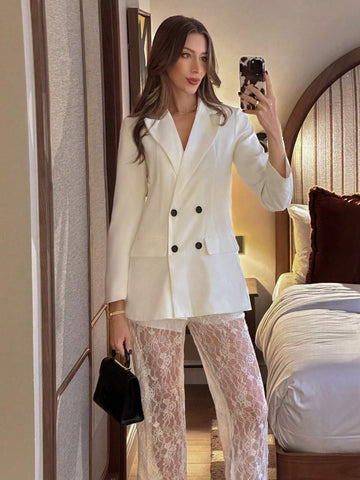 2-Piece Women Business Casual Sexy Suit Set, Blazer And Lace Decor, Mature Style