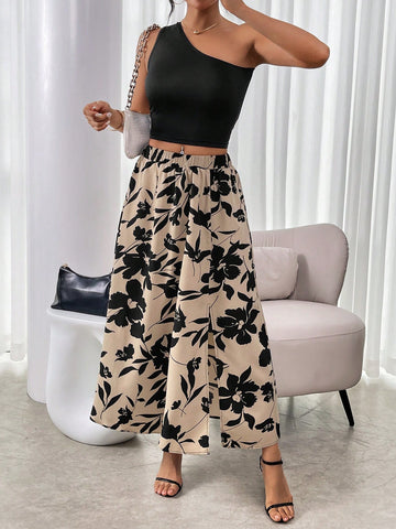 2pcs/Set Solid Color Off-Shoulder Top With Flower Print Slit Midi Skirt