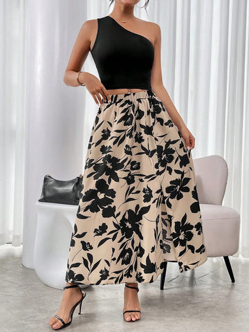 2pcs/Set Solid Color Off-Shoulder Top With Flower Print Slit Midi Skirt