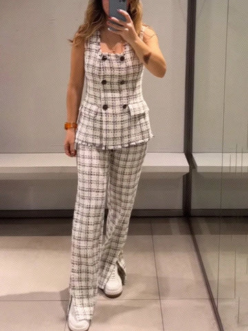 2pcs/Set Women Tweed Camisole & Trousers, Simple & Fashionable Casual Everyday Wear,Elegant Winter Suits, Tweed Suits, Vest Suits, Winter Outfits, New Year Outfits