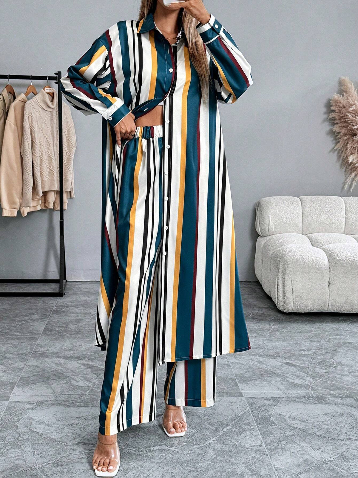 2pcs Set: Collared Button-Down Long Shirt + Striped Print Elastic Waist Straight Pants