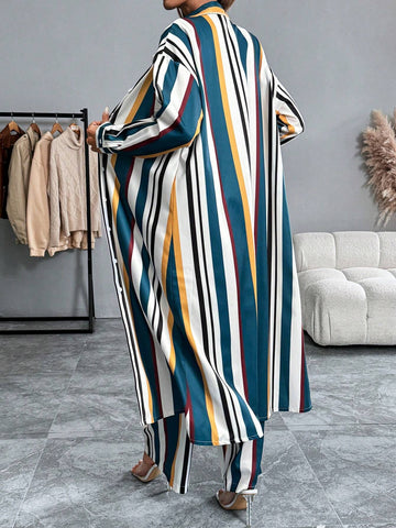 2pcs Set: Collared Button-Down Long Shirt + Striped Print Elastic Waist Straight Pants