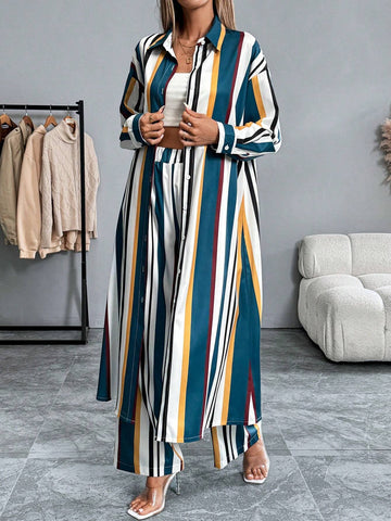 2pcs Set: Collared Button-Down Long Shirt + Striped Print Elastic Waist Straight Pants
