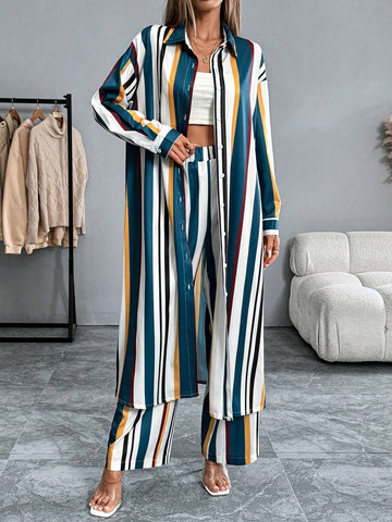 2pcs Set: Collared Button-Down Long Shirt + Striped Print Elastic Waist Straight Pants