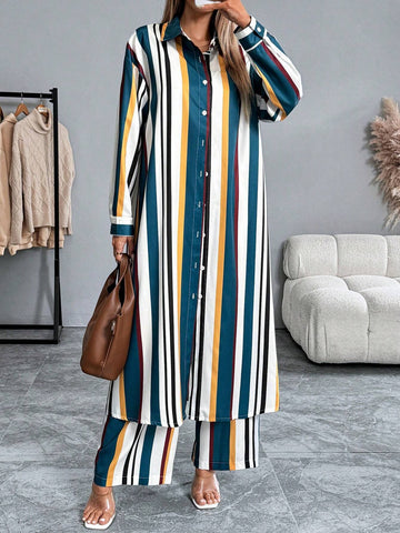 2pcs Set: Collared Button-Down Long Shirt + Striped Print Elastic Waist Straight Pants