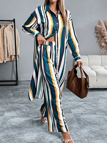 2pcs Set: Collared Button-Down Long Shirt + Striped Print Elastic Waist Straight Pants