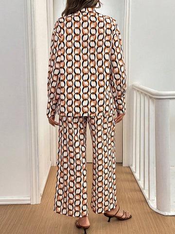 2pcs Set: Front Button Embroidered Allover Print Top And Casual Pants