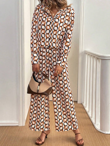 2pcs Set: Front Button Embroidered Allover Print Top And Casual Pants