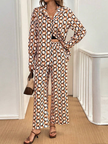 2pcs Set: Front Button Embroidered Allover Print Top And Casual Pants