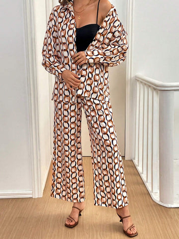 2pcs Set: Front Button Embroidered Allover Print Top And Casual Pants