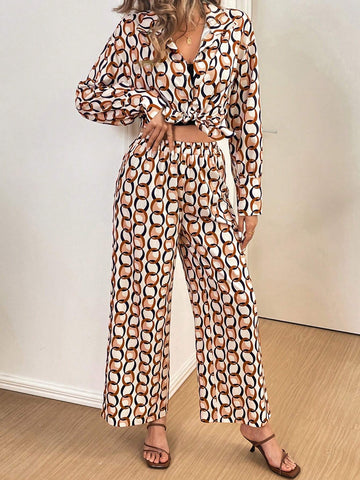 2pcs Set: Front Button Embroidered Allover Print Top And Casual Pants