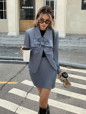 2pcs Women Spring/Autumn Solid Color Long Sleeve Bow Jacket & Skirt Set