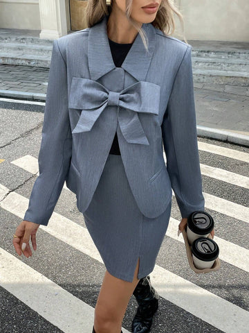 2pcs Women Spring/Autumn Solid Color Long Sleeve Bow Jacket & Skirt Set