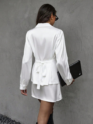 2pcs Women's Solid Lapel Neck Long Sleeve Top And A-Line Skirt Casual Set