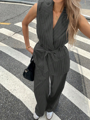 2pcs Women's Striped Lapel Sleeveless Jacket And Pleated Loose Pants Casual Set