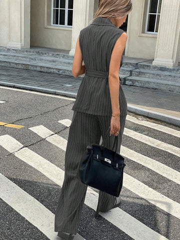 2pcs Women's Striped Lapel Sleeveless Jacket And Pleated Loose Pants Casual Set