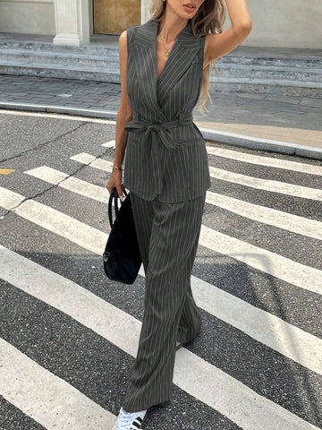 2pcs Women's Striped Lapel Sleeveless Jacket And Pleated Loose Pants Casual Set