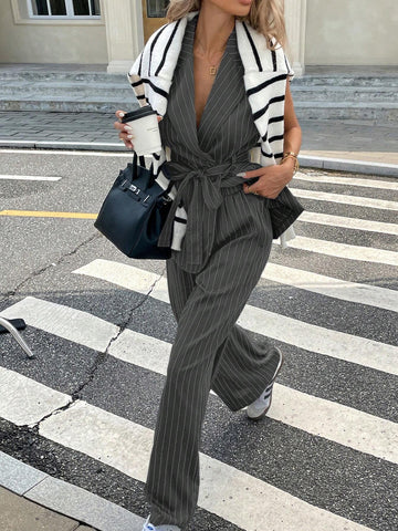 2pcs Women's Striped Lapel Sleeveless Jacket And Pleated Loose Pants Casual Set