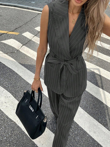2pcs Women's Striped Lapel Sleeveless Jacket And Pleated Loose Pants Casual Set