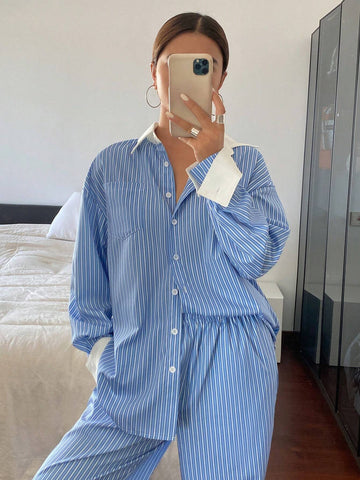 2pcs Women's Striped Print Button Front Long Sleeve Top And Pants Casual Suit