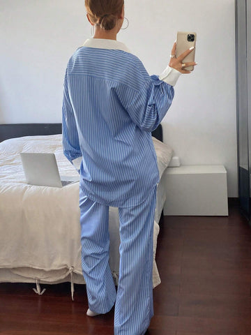 2pcs Women's Striped Print Button Front Long Sleeve Top And Pants Casual Suit