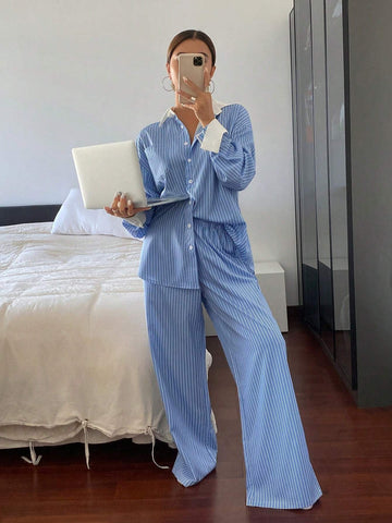 2pcs Women's Striped Print Button Front Long Sleeve Top And Pants Casual Suit