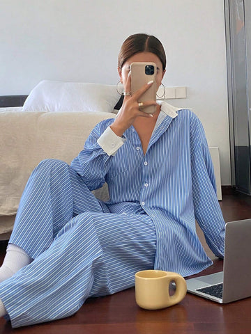 2pcs Women's Striped Print Button Front Long Sleeve Top And Pants Casual Suit