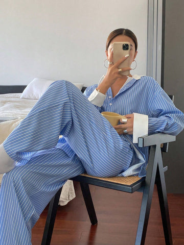 2pcs Women's Striped Print Button Front Long Sleeve Top And Pants Casual Suit