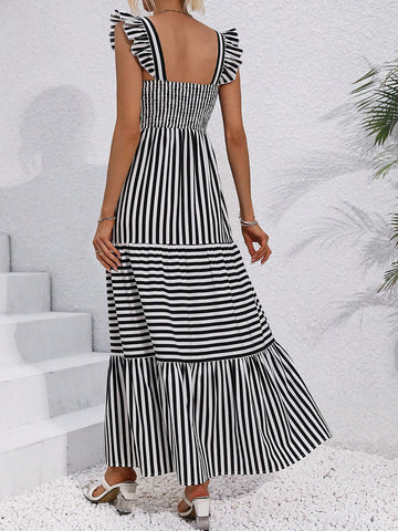 Frenchy A-Line Striped Shirred Dress With Ruffle Hem